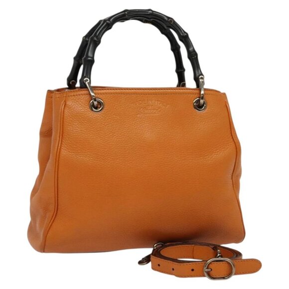 GUCCI Bamboo Small Shopper Hand Bag Leather 2way Orange 336032 Auth BA1660